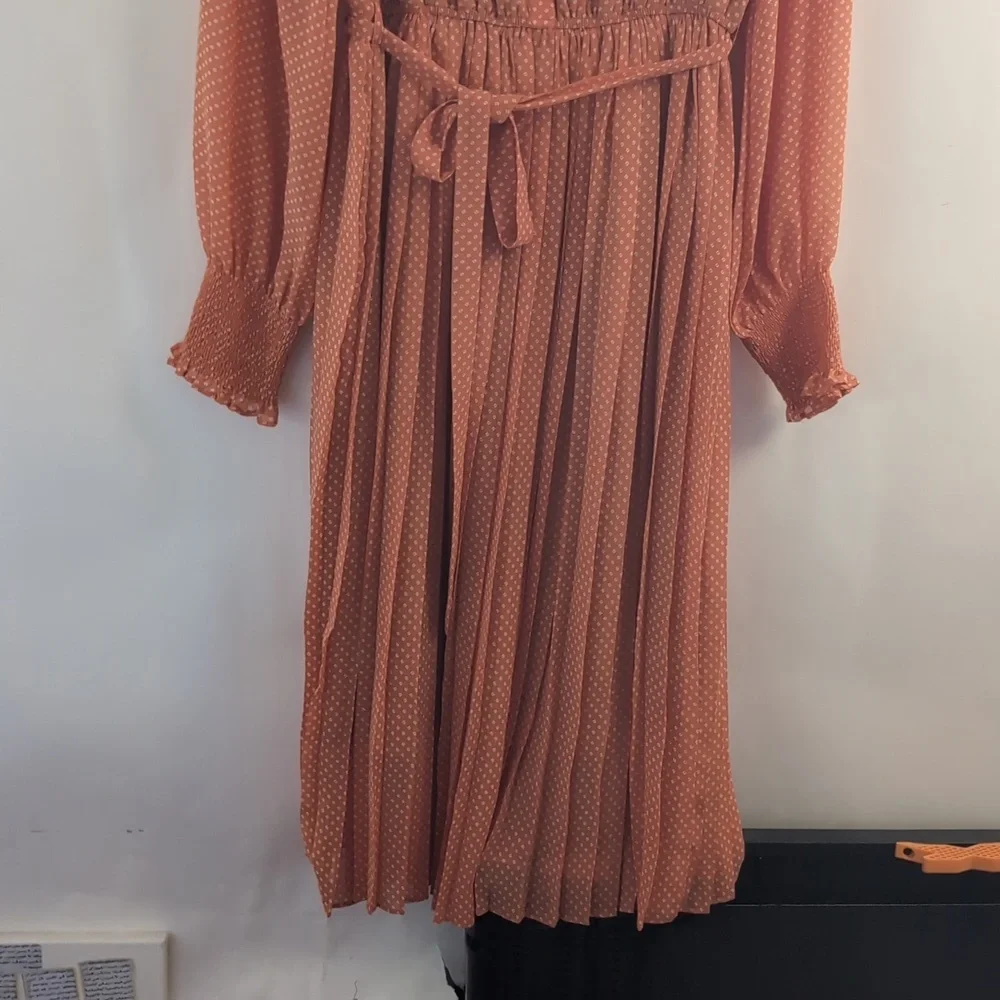 MELLO DAY Women's Orange Half Button Dotted Dress With Belt Size Large